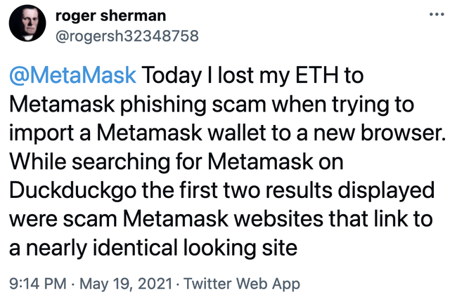 Twitter user loses funds metamask phishing